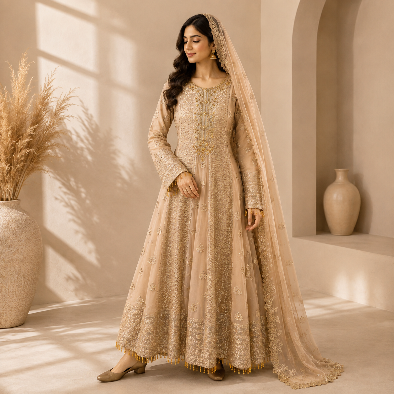 Champagne Chiffon Sequin Embroidered Maxi
