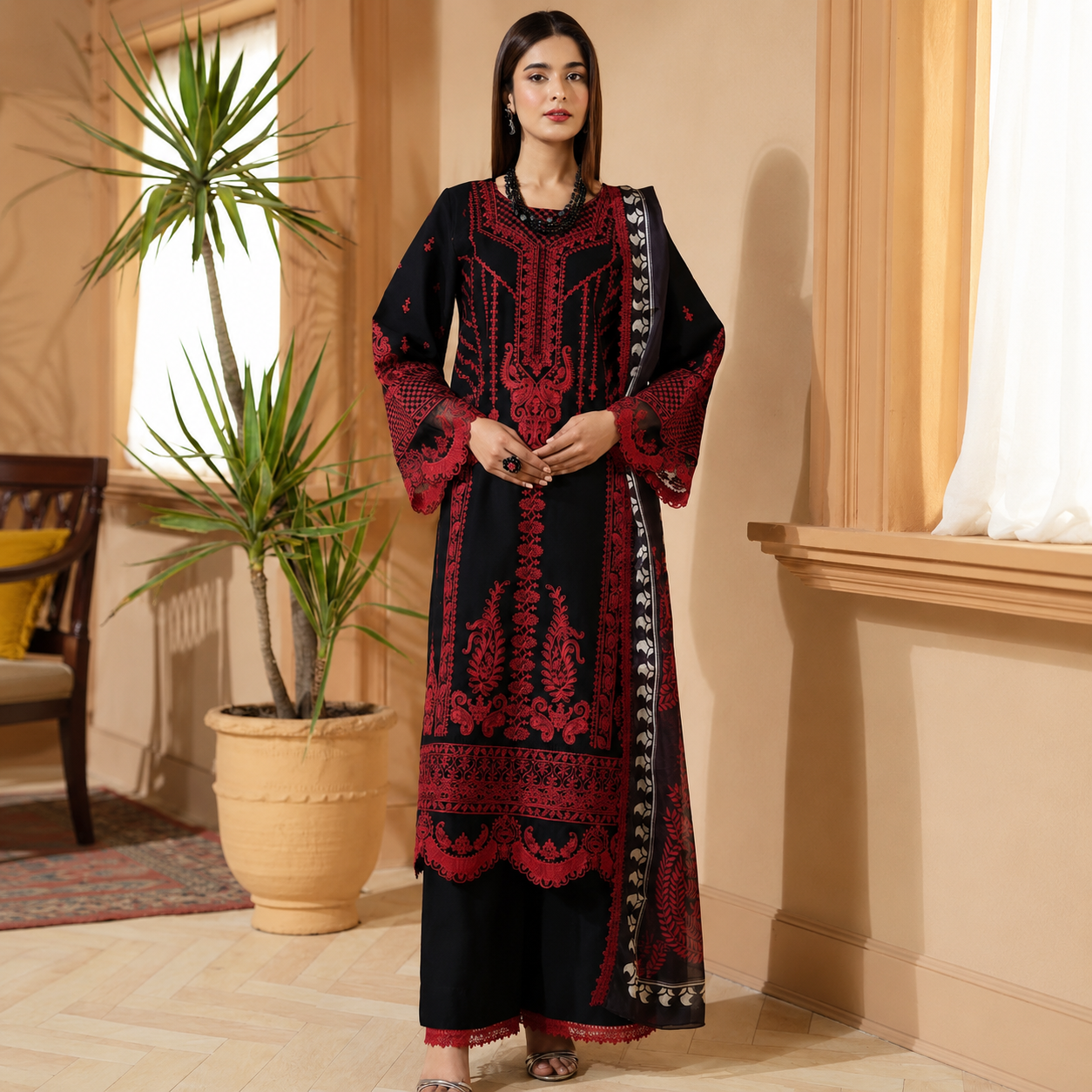 Black & Maroon Embroidered Cambric Cotton Suit