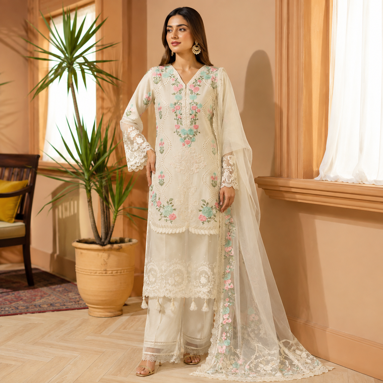 Ivory Floral Embroidered Cambric Cotton Suit
