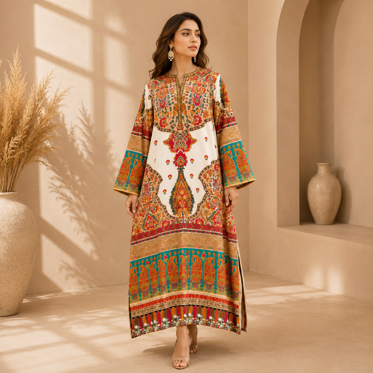 mustard Printed Embroidered Kaftan