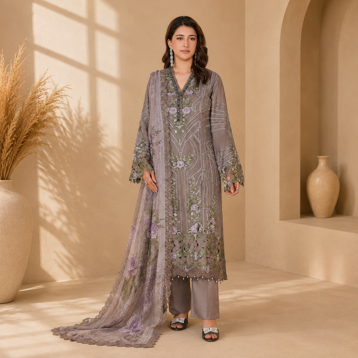 Grey Floral Embroidered 3-Piece Suit
