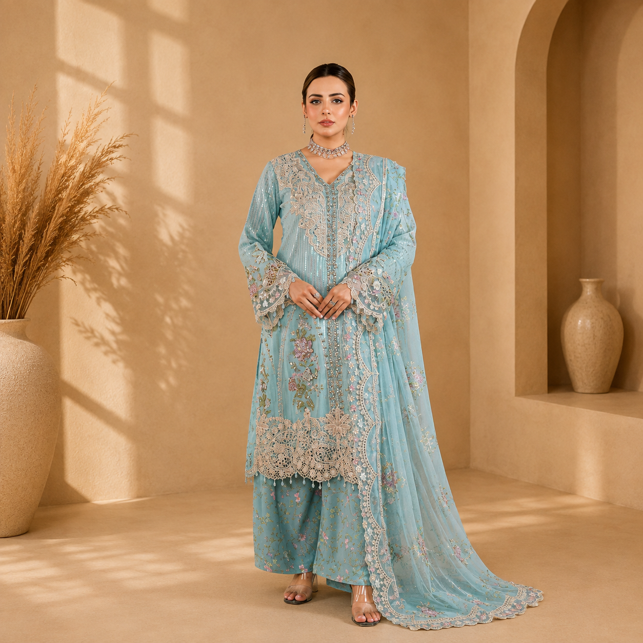 Azure Bloom Embroidered 3-Piece Suit