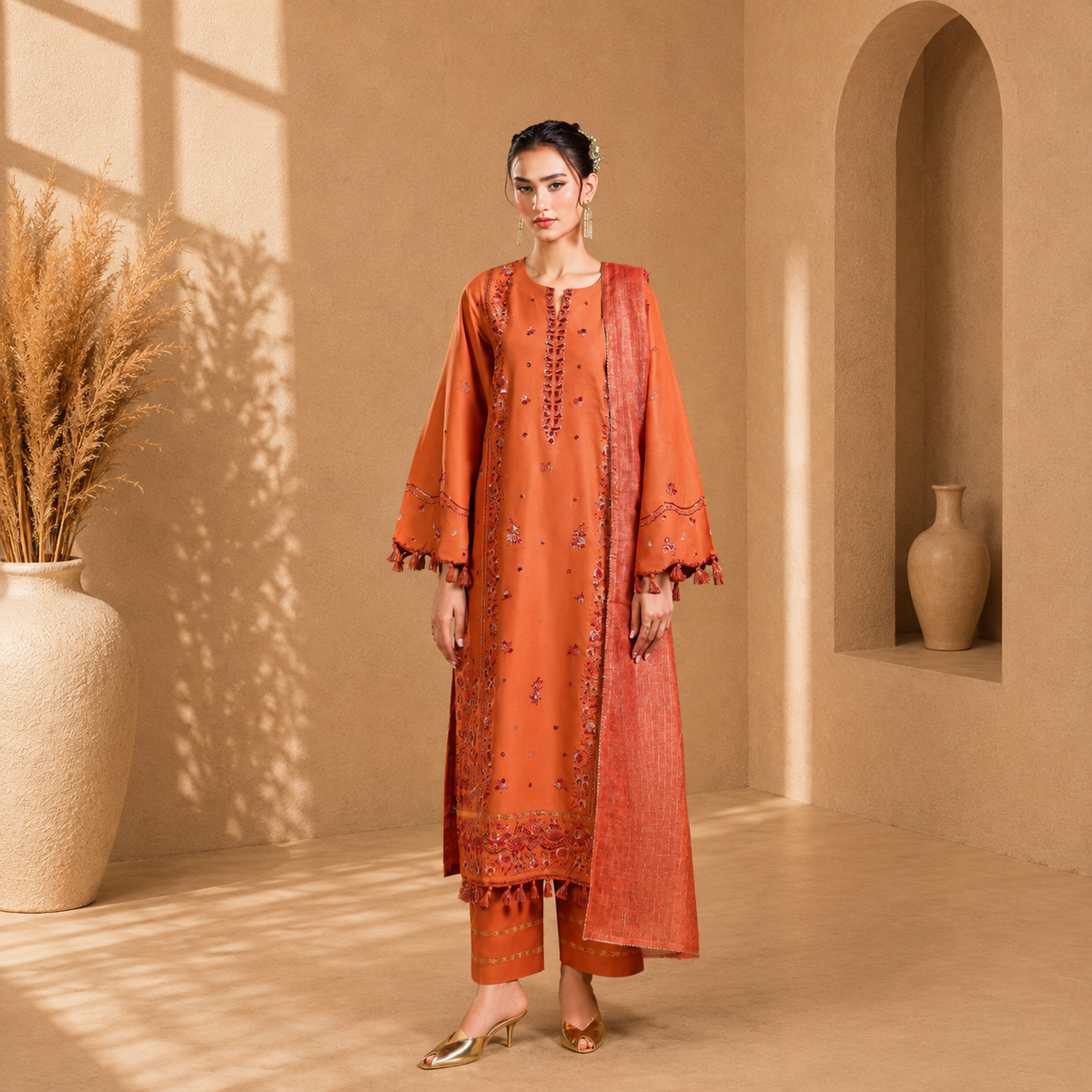 Aroha Orange Embroidered 3-Piece