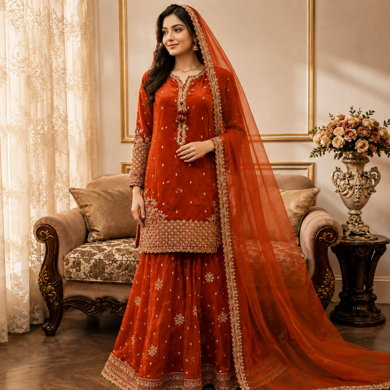 Rust Orange Embroidered Gharara 3-Piece Suit
