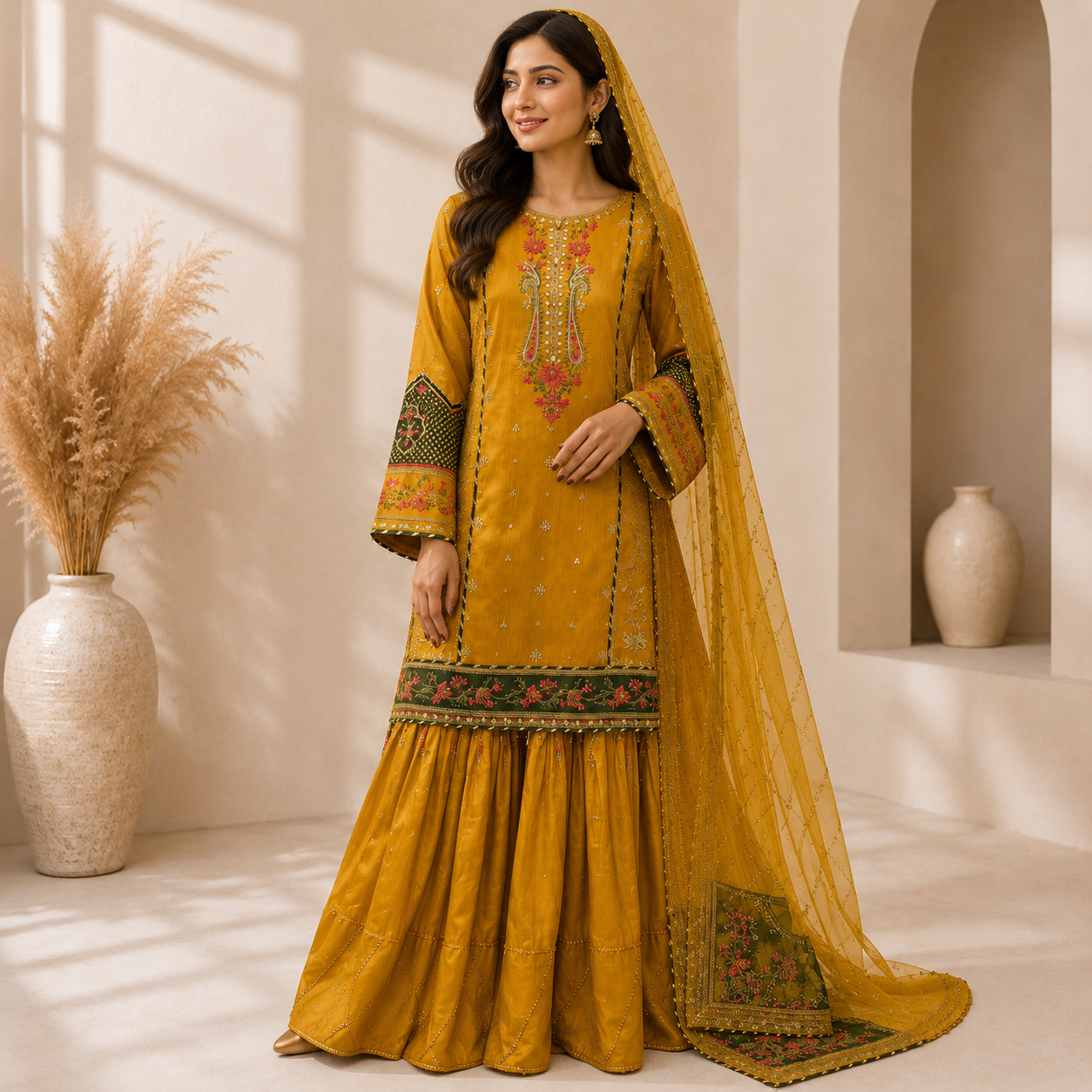 Gharara Style Embroidered 3-Piece Suit