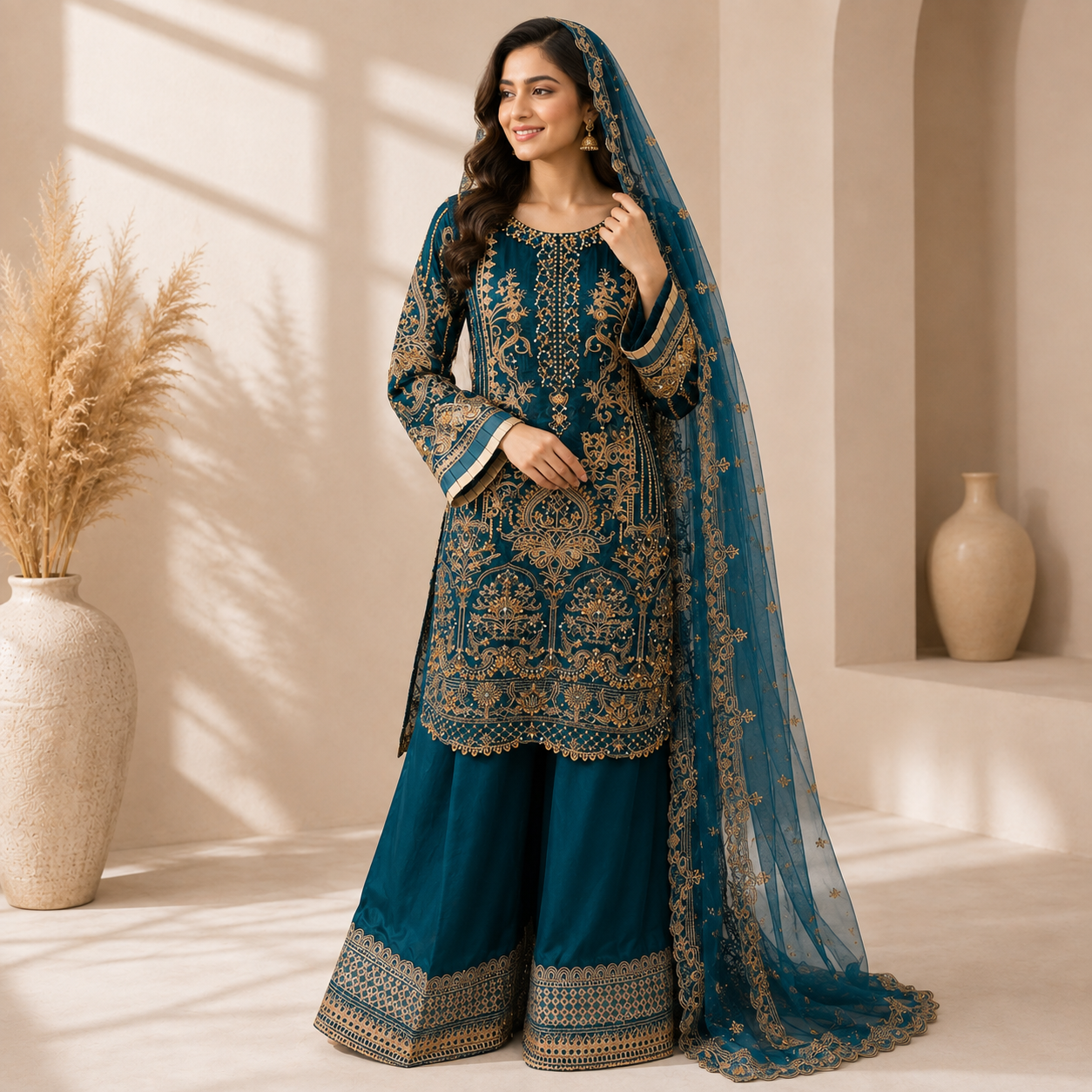 Teal Blue Tilla Embroidered 3-Piece Suit