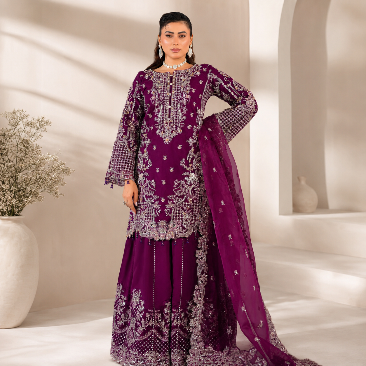 Royal Plum Tilla Embroidered Organza 3-Piece Suit