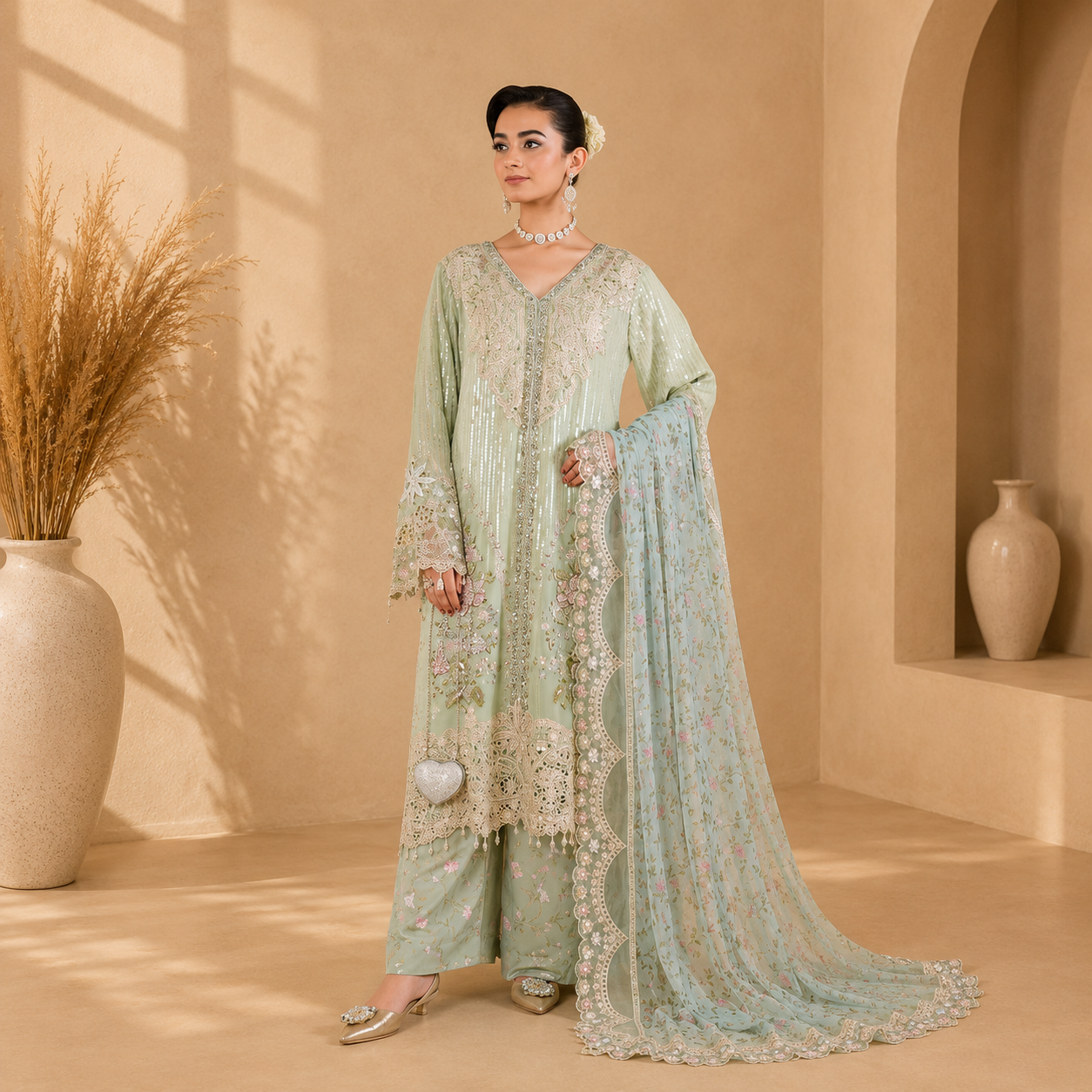 Azure Bloom Embroidered 3-Piece Suit