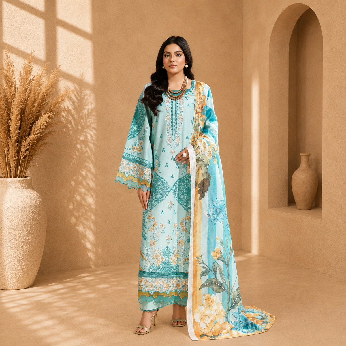 Aqua Bloom Printed 3-Piece Suit
